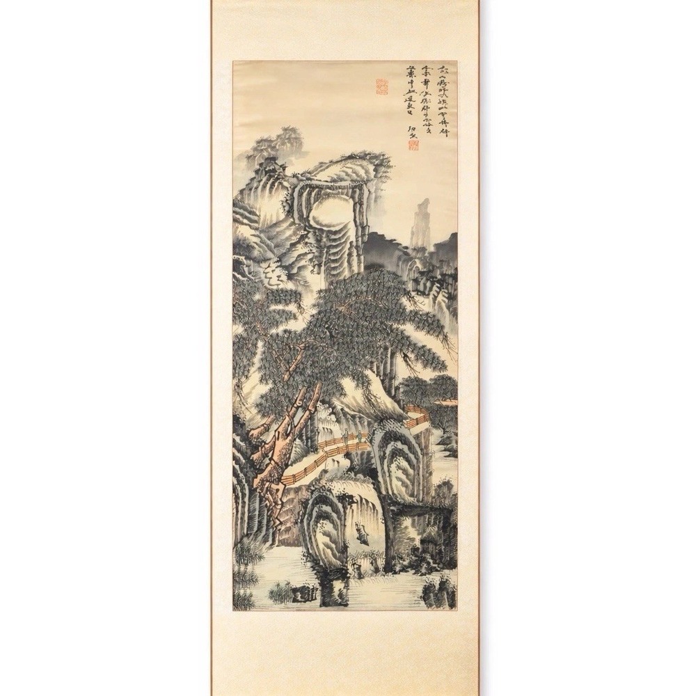 Chinese Oriental Landscape Hanging Scroll Ink Painting Silk Mount Wall Art - Picture 2 of 9
